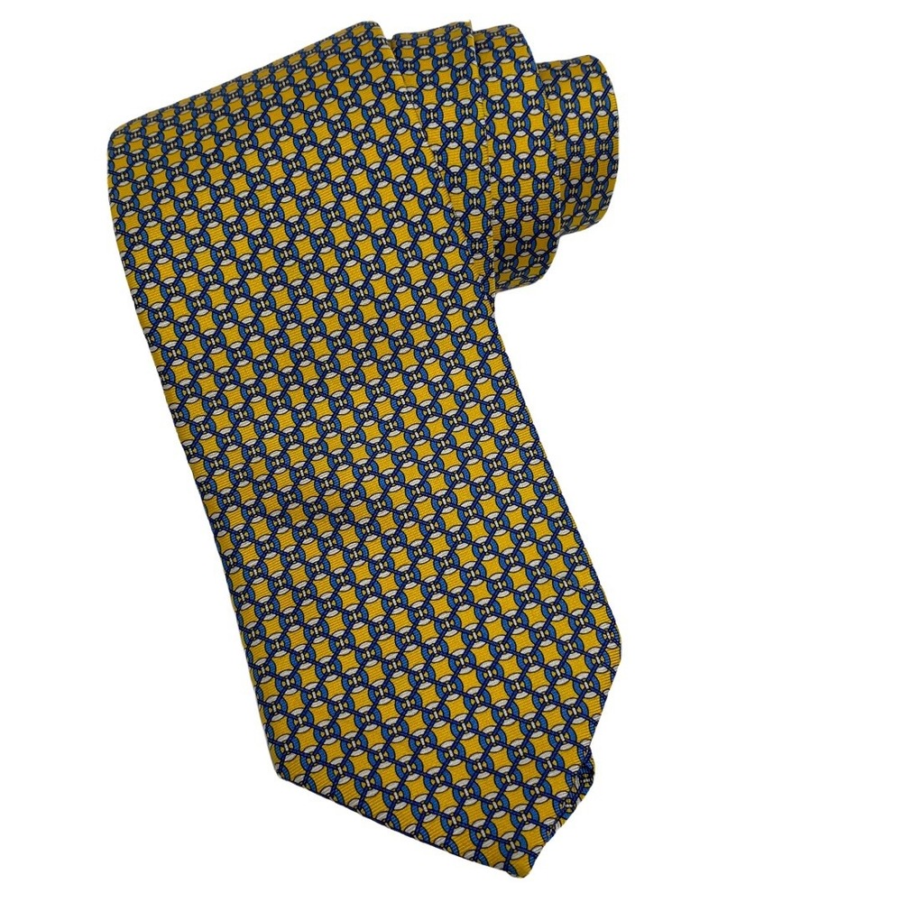 Brooks Brothers Silk Tie Preppy Yellow Blue Geometric Chain Classic Nautical